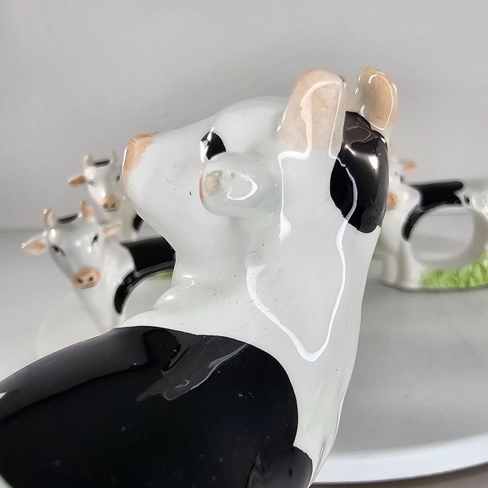 Cow Holstein Dairy Napkin Rings Ceramic Set Of 7 Kitsch Farm *Flaws* - Picture 7 of 9